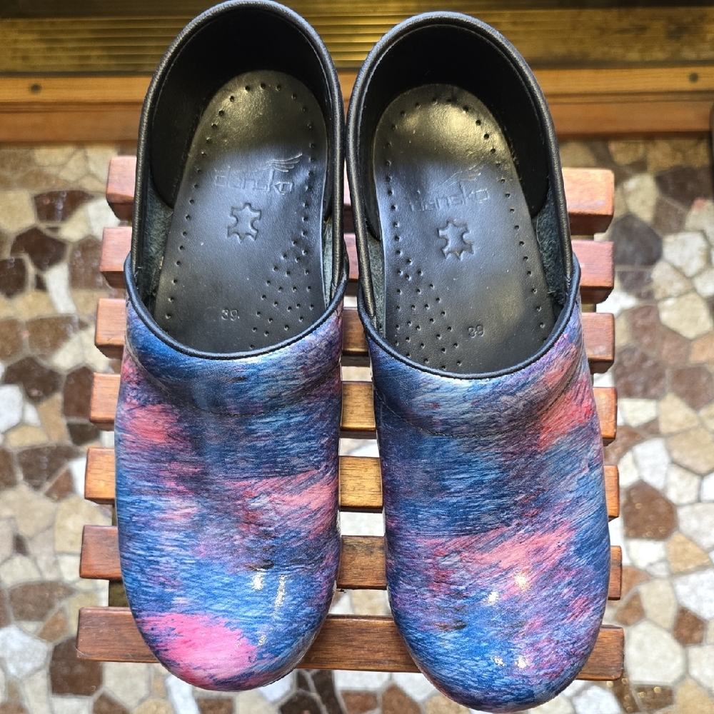 Dansko Blue and Pink Patterned Clogs